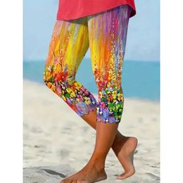 Damesbroek capris zomer dames schilderen gedrukte slanke fitting kanten leggings casual kleurrijke bloem getrimde bijgesneden broek y240422