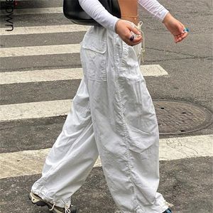 Pantalons pour femmes Capris Sweetown Casual Baggy Pantalon de survêtement à jambes larges Blanc Cordon de serrage taille basse Streetwear Pantalon cargo Pantalon de jogging hippie pour femme 220916