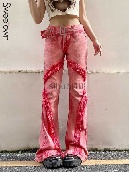 Pantalones de mujer Capris Sweetown Red Washed Belt Cintura baja Y2K Flared Jeans Mujer Grunge Pantalones de mezclilla desgastados Vintage Casual Streetwear Pantalones 90s J230605