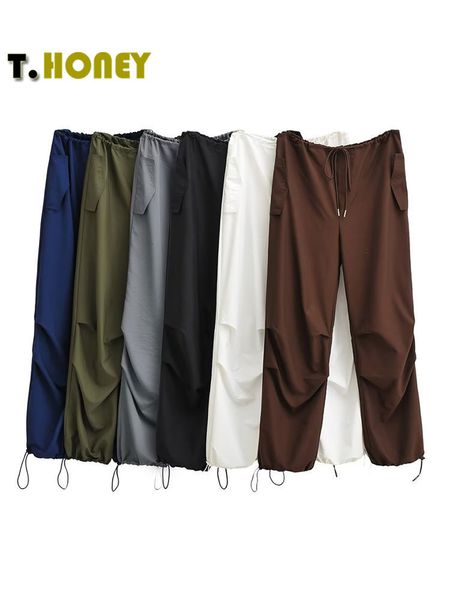 Pantalons pour femmes Capris TELHONEY Femmes Mode Cordon Plis Baggy Cargo Pantalon Femme High Street Chic Taille Basse Jambe Large Jogging Parachute Pantalon 230223