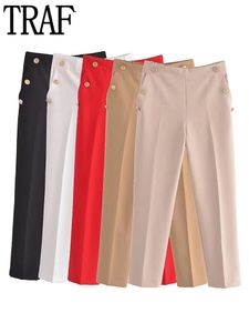 Damesbroek capris traf rechte been broek vrouwen metalen knoppen vrouw broek kantoor hoge taille broek voor vrouwen Koreaanse mode potloodbroek 230309