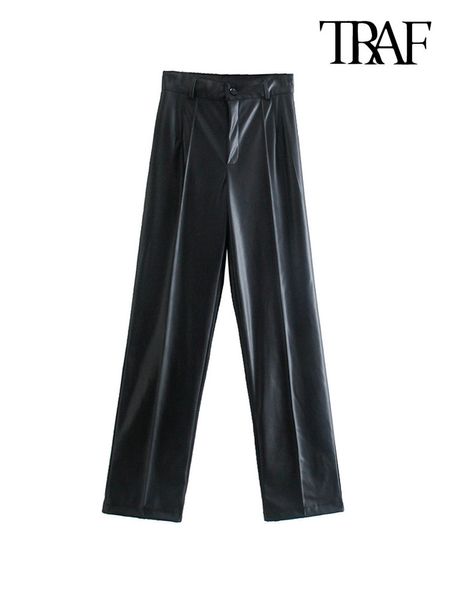 Pantalones para mujer Capris TRAF Moda Mujer Pantalones rectos de cuero sintético Vintage Cintura alta Cremallera Fly Pantalones femeninos Mujer 230425