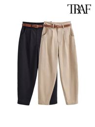 Pantalones para mujer Capris TRAF Moda para mujer con cinturón Bolsillos delanteros Pantalones ajustados de zanahoria Vintage Cintura alta Cremallera Fly Mujer Tobillo Pantalones Mujer 231108