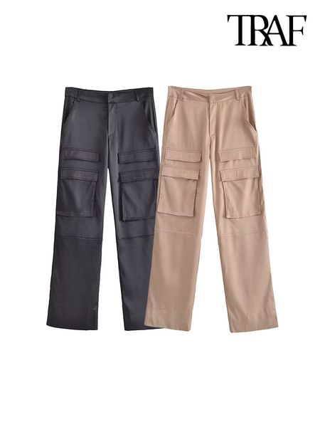 Pantalones Capris TRAF para Mujer, moda para Mujer con bolsillos, pantalones Cargo de satén, pantalones Vintage de cintura alta con cremallera, pantalones femeninos para Mujer 230510