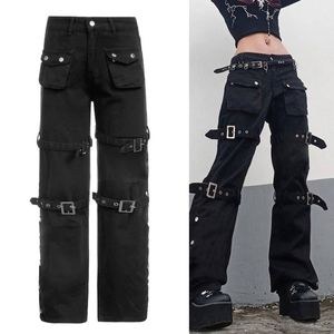 Pantalon femme Capris tendance femme jean cargo noir avec multi poches boucle en métal ceinture pantalon droit 230826