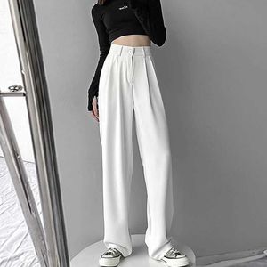 Pantalones Capris para mujer, traje de verano 2022, blanco, cintura alta, fluido, estilo coreano, pierna ancha, palazzo, moda recta, informal, Y2211