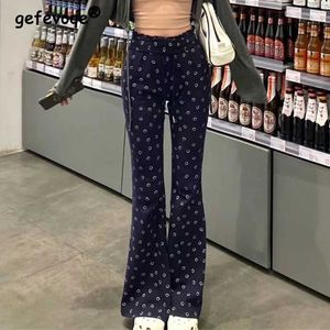 Pantalon féminin Capris Vintage Coréen Style Imprimé Y2K Harajuku Chic Chic Femme Spring Womens Casual Strtwear High Waist Slim Flare Pants Y240504