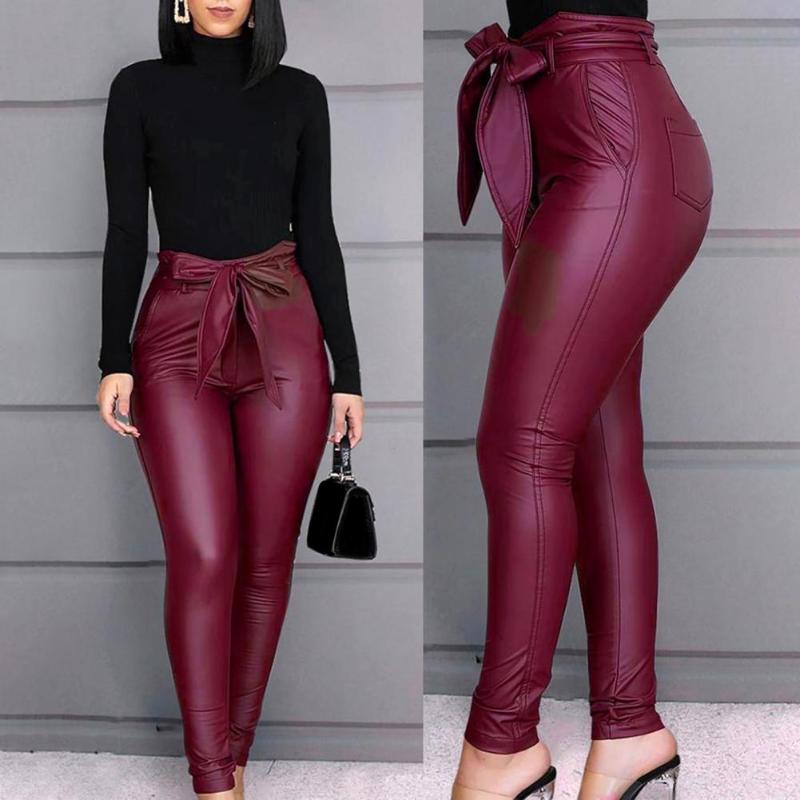 Wear Resistant Attractive Women PU Leather Pants Windproof Solid Skinny Trousers For Daily