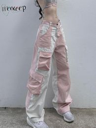 Pantalones de mujer Capris Weekeep Corduroy Contrast Cargo Pants Moda coreana Pink Y2k Pantalones de mujer Streetwear Baggy Pocket Patchwork Pantalones de chándal Casual 230807