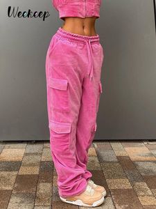 Pantalons pour femmes Capris Weekeep Kawaii rose Cargo pantalon y2k mignon velours automne hiver taille basse pantalons de survêtement Baggy poche pantalons décontractés femmes Jogging Capris 230209