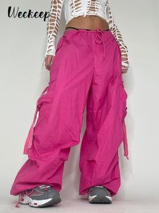 Pantalon pour femme Capris Weekeep Pantalon cargo surdimensionné Pantalon de survêtement d'été Lace Up Ribbon Low Rise Chic Pink Capris Casual Streetwear Womens Pants 230421