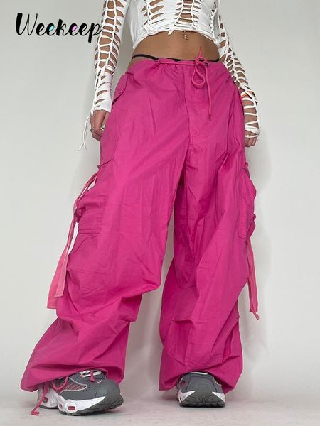 Pantalons pour femmes Capris Weekeep surdimensionné Cargo pantalon d'été pantalons de survêtement à lacets ruban taille basse Chic rose Capris décontracté Streetwear femmes pantalons 230214