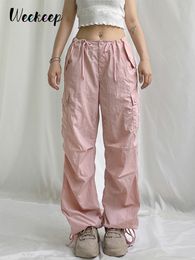 Pantalones de mujer Capris Weekeep Verano Baggy Cargo Pantalones Low Rise Cordón Moda Bolsillo Pantalones casuales Kawaii Pink Pantalones de mujer y2k Estética 230413