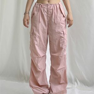 Pantalones de mujer Capris Weekeep Verano Baggy Cargo Pantalones Low Rise Cordón Moda Bolsillo Pantalones Casuales Kawaii Pink Pantalones de mujer Y2K Estética 220916