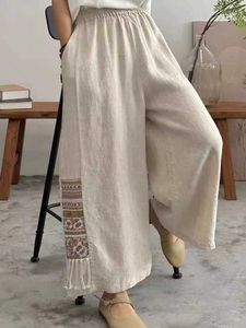 Damesbroek Capris witte klassieker katoenen linnen broek voor vrouwen 2024 zomer enkel wijd been broek met borduurwerk nieuwe dames capri oversize broek y240509