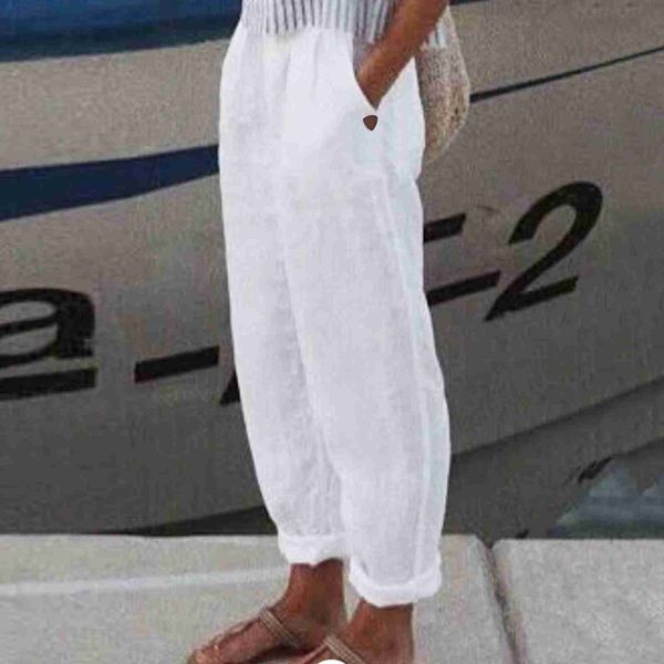 Pantalon femme Capris blanc coton lin pantalon pour femme 2023 mode ample pleine longueur dames pantalon décontracté taille élastique large pantalon pour femme