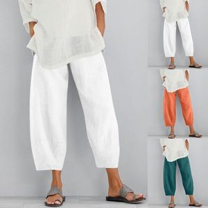 Pantalon féminin Capris Femmes Coton et lin Taille élastique Pandre avec poche Loose Harem Pure Color Crop Simple Daily Super Comfy Pantswome