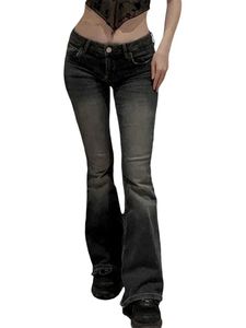Pantalon féminin Capris Femmes hautes taille évasée Jeans Vintage Style large Pantalon denim avec des poches arrière brodées Y240504