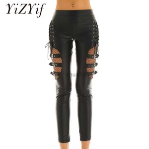 Damesbroek Capri Damesbroek Wetlook Kunstleer Halfhoge taille Visnet split Dij met gespen Decoratie Side Lace Up Stretchy Ling-broek J230605