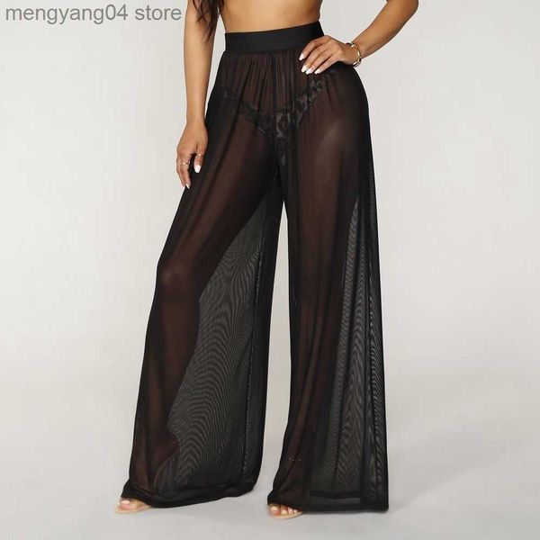 Pantalones de mujer Capris Mujeres See Through Boho Pierna ancha Pantalones de cintura alta Beach Long Loose Mesh Sheer Pants Hot T230531