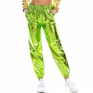 Damesbroek capris vrouwen glanzende holografische broek losse hoge taille metalen broek dansvoorstelling hiphop broek streetwear joggers 230503