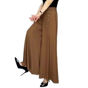Damesbroek capris vrouwen rokbroek vaste kleur breed poot los plus size hoge taille verkleedknop decor elastische taille dame veerbroeken y240429