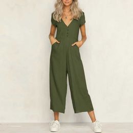 Damesbroek capris dames katoen en linnen korte slijm jumpsuit v-neck jumpsuit casual body pakken tops tops een stuk vrouw kleding voor zomer y240422