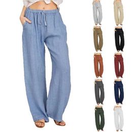 Damesbroek capris dames katoenen linnen broek casual losse massieve elastische taille zak recht broeken dames oversized brede been pant strstwear y240422