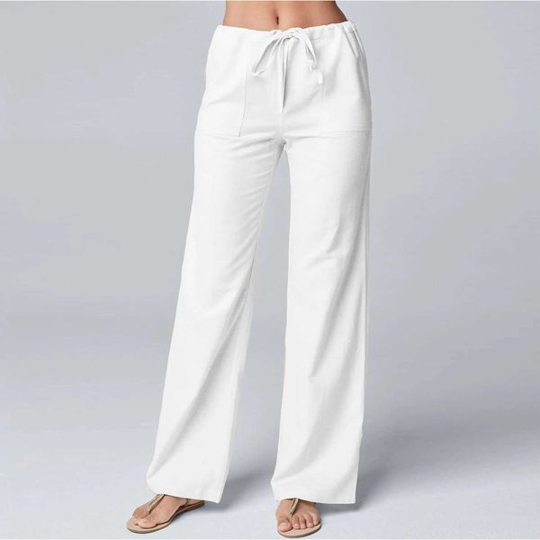 Pantalones para mujeres capris algodón de algodón pantalones de lino sólido elástico cepillado pierna ancha de la pierna alta pantanosa elástica hilera hilera
