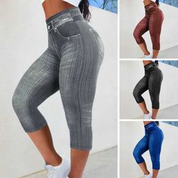 Pantalon féminin Capris Femmes coupés Pantalons élastiques Fitness Fausses Poches hautes taille et fesses Jeans en denim artificiel pantalon à crayon mince doux et décontracté Y240422