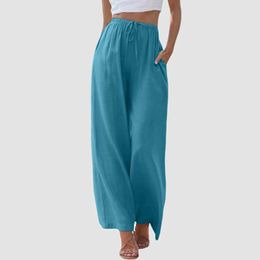 Damesbroek capris dames linnen wijd been broek modieuze hoge taille trekstring elastische heren zakken casual en los comfortabele rechte been broek y240422