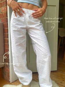 Damesbroek capris dames y2k casual broek met elastische taille en brede benen comfortabele broek bloemen borduurwerk casual pantsl2405