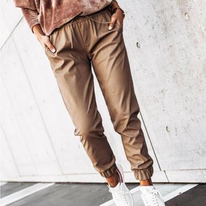 Pantalons pour femmes Capris wsevypo Casual cordon PU pantalons de survêtement automne hiver femmes taille haute Faux cuir pantalon mode solide Slim Joggers pantalon 230510