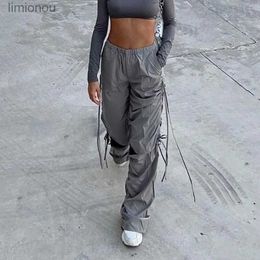 Damenhose Capris Y2K Cargohose Damen Grau Drstring Baggy Hose 2022 Streetwear Fairycore Übergroße Hose Vintage Casual Loose JogginghoseL240110