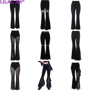 Pantalon féminin Capris Y2K Gothic Black Velvet Lace Mesh Flare Pantal