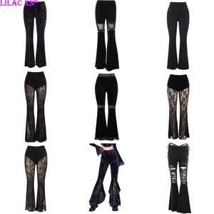 Damesbroek capris y2k gotisch zwart fluwelen kanten mesh flare broek sexy harajuku esthetiek zie door emo broek vintage dames zomer pant streetwear 230503