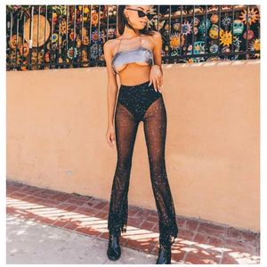 Pantalon féminin Capris Y2k Style Black Lace Mesh Glitter Pantal