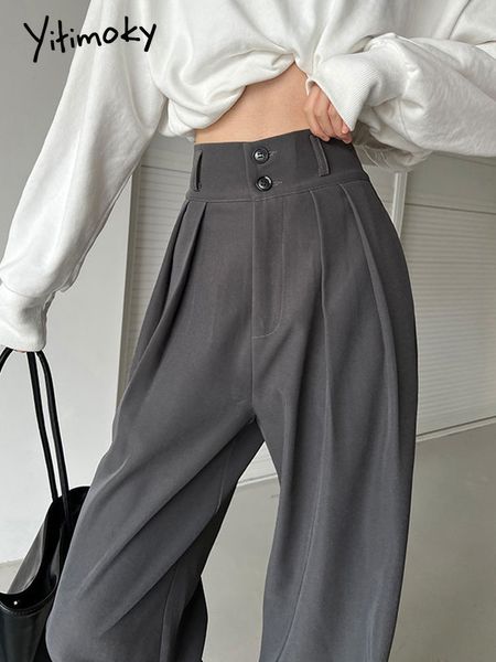 Pantalon femme capris Yitimoky femme taille haute 2 boutons pantalon plissé baggies pleine longueur bureau dames travail noir gris vintage bas 220922