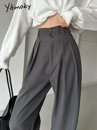 Pantalon femme Capris Yitimoky femme pantalon taille haute 2 boutons pantalon plissé Baggies pleine longueur bureau dames travail noir gris Vintage bas 230310