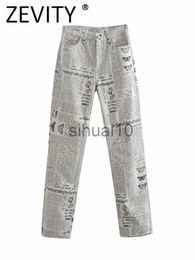 Pantalon Femme Capris Zevity Femmes Mode Journal Imprimer Pantalon Droit Femme Chic Zipper Fly Poches Patch Slim Long Pantalon P303 J230705