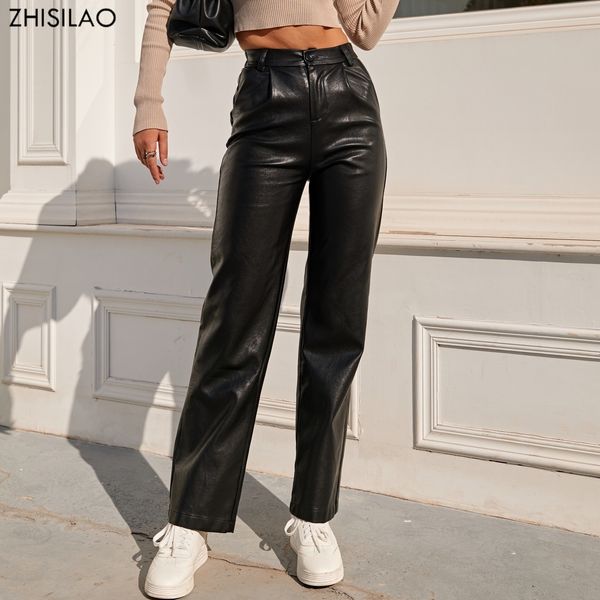 Pantalones Capris ZHISILAO de piel sintética con cintura elástica para Mujer, ropa de calle, pantalones rectos negros holgados Vintage para Mujer, primavera 220325