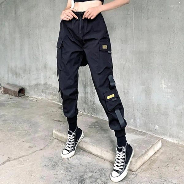 Pantalon féminin Cargo Black Ribbon Pocket Jogger Elastic Wistre High Streetwear Harajuku Pant Femmes pantalon Harem