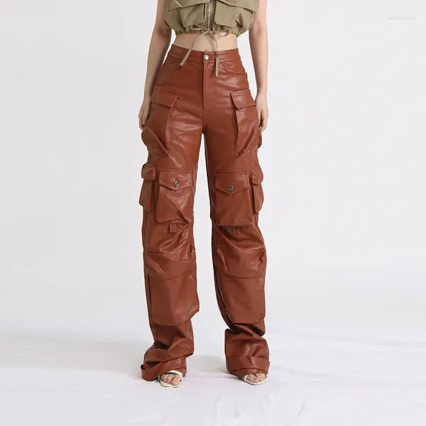 Pantalons pour femmes Cargo pour femmes Automne 2023 Mode Polyvalent Casual Ajustement Ample Multi Poche PU Pantalon En Cuir Streetwear Vêtements
