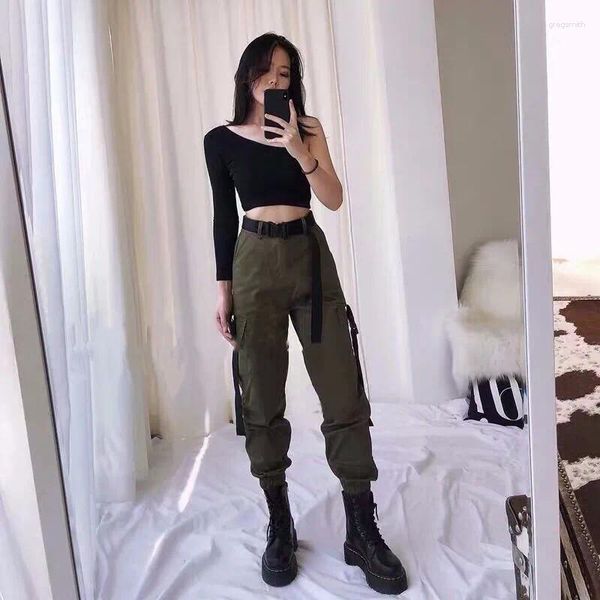 Pantalon Cargo pour femmes, jogging décontracté, noir, taille haute, streetwear, ample, Style coréen, Capri