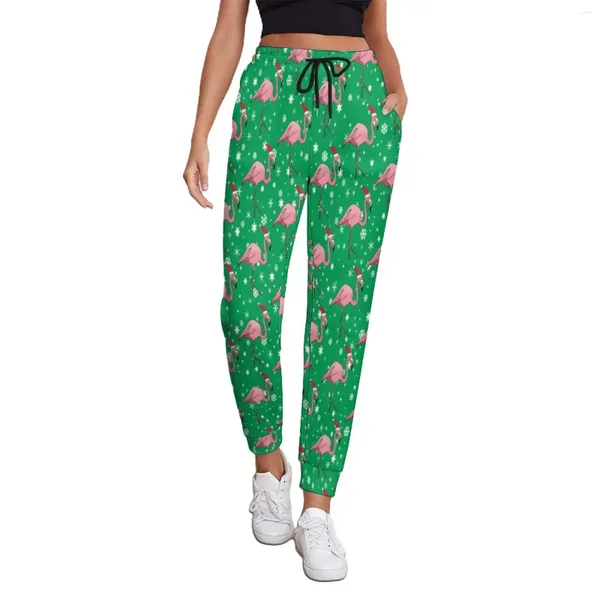 Pantalones de mujer con estampado de pájaros y dibujos de flamencos, pantalones de chándal de talla grande a la moda navideña, ropa de calle con imágenes para otoño