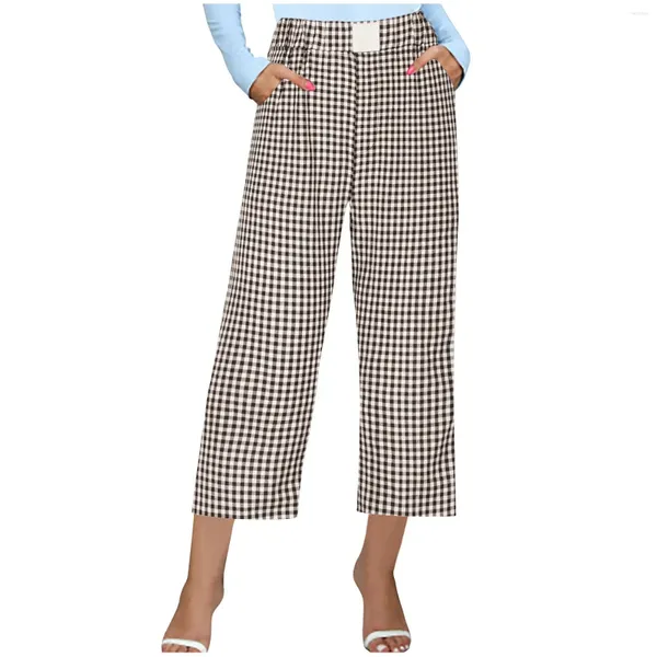 Pantalon féminin décontracté et confortable taille haute le plaid vintage lâche recadré avec des poches élégantes femme jeunesse