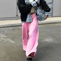 Calça feminina casual folgada rosa altura cintura elástica cargo jogger com bolsos