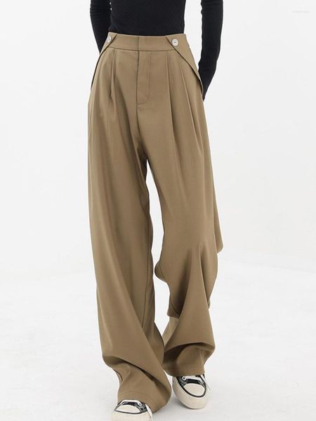 Pantalon femme décontracté bouton Design femmes Maxi taille haute plissé droit femme Long pantalon Streetwear mode dames pantalon 2023