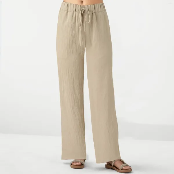 Pantalones de mujer informales de alta elasticidad con cordón, ropa de calle holgada y acampanada, pantalones con corte de bota de algodón de Color sólido, ropa para mujer