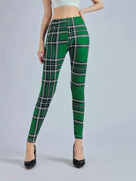 Pantalones de mujer Leggings casuales cintura alta elásticos cuadros verdes cómodos pantalones de punto de estilo coreano inviernos